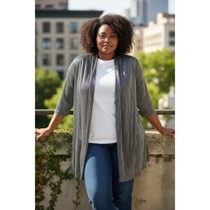 Connected Apparel Cardigan Silver Metallic Pleated Knit Duster 2X
